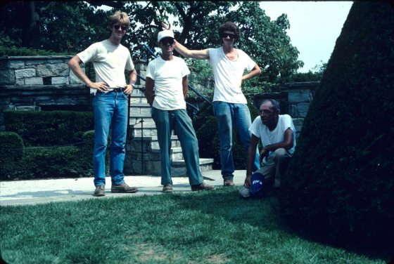 people gathered around pruning topiary forms